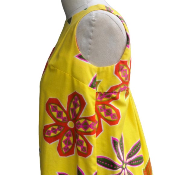 Vintage 50s/60s Hoaloha Hawaiian Barkcloth Yellow Floral Maxi Tiki Dress XS/S - Picture 8 of 14